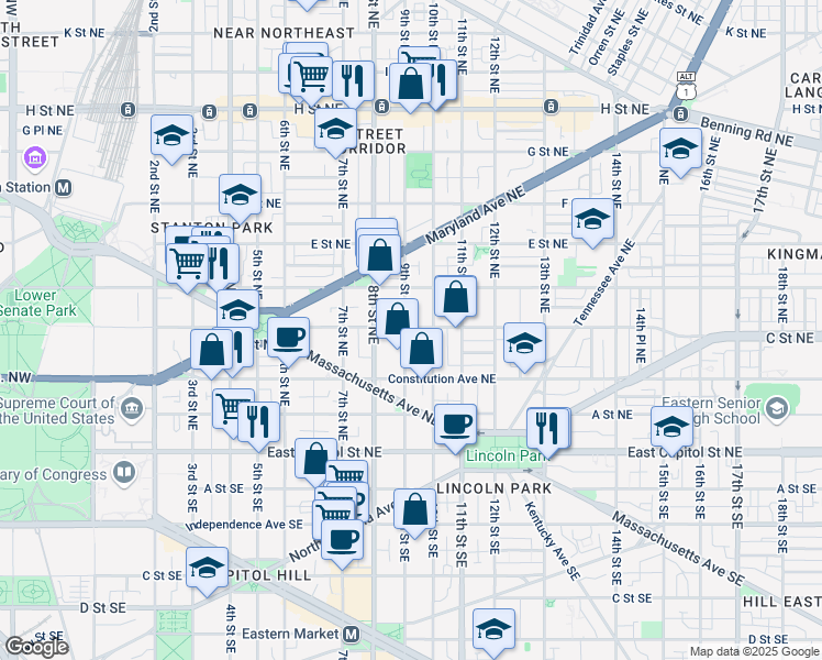 map of restaurants, bars, coffee shops, grocery stores, and more near 903 C Street Northeast in Washington