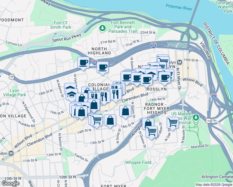 map of restaurants, bars, coffee shops, grocery stores, and more near 101 Independence Avenue Southeast in Washington