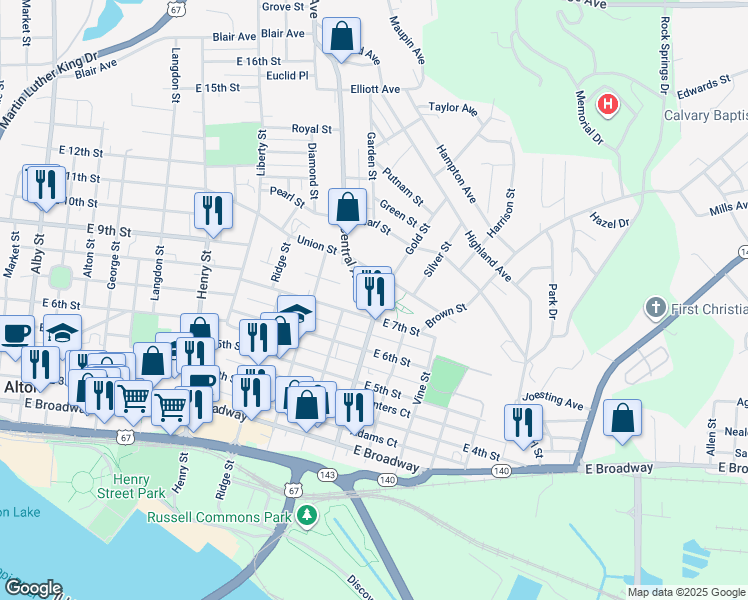 map of restaurants, bars, coffee shops, grocery stores, and more near 715 Central Avenue in Alton