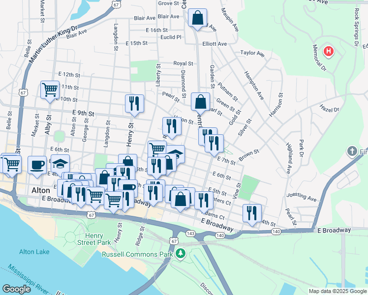 map of restaurants, bars, coffee shops, grocery stores, and more near 819 East 7th Street in Alton