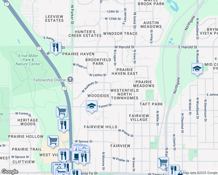 map of restaurants, bars, coffee shops, grocery stores, and more near 908 North Clinton Street in Olathe