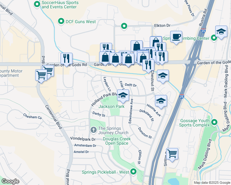 map of restaurants, bars, coffee shops, grocery stores, and more near 1102 Holland Park Boulevard in Colorado Springs