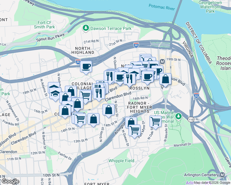 map of restaurants, bars, coffee shops, grocery stores, and more near North Quinn Street in Arlington