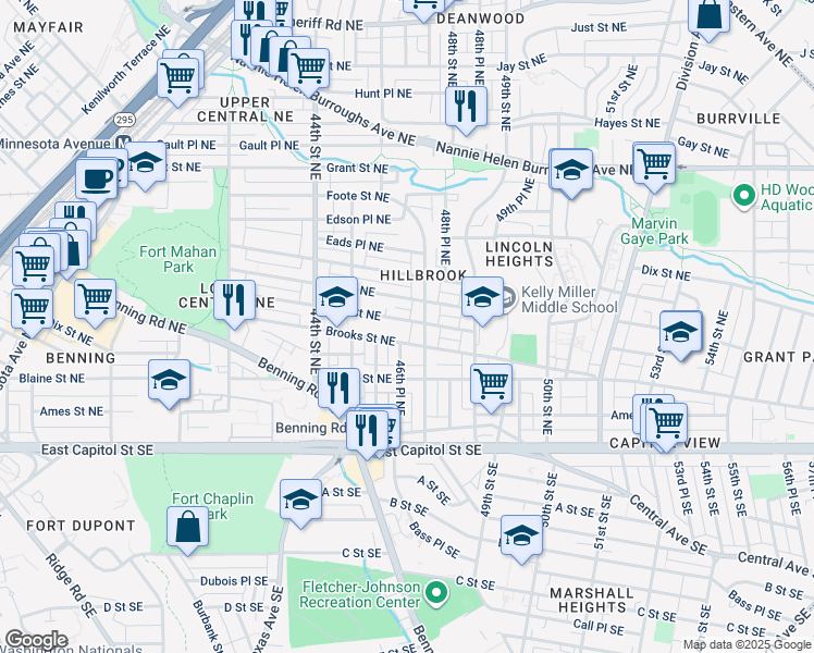 map of restaurants, bars, coffee shops, grocery stores, and more near 4627 Clay Street Northeast in Washington