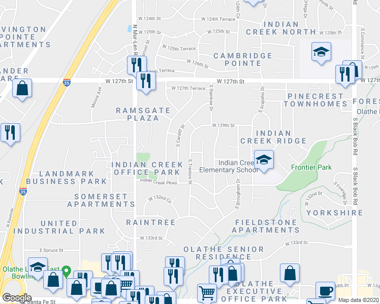 map of restaurants, bars, coffee shops, grocery stores, and more near 12999 South Trenton Street in Olathe
