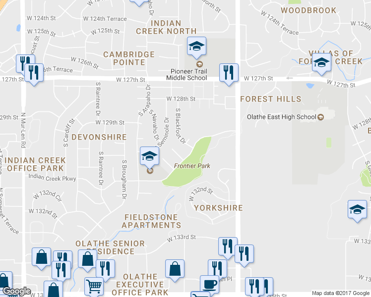 map of restaurants, bars, coffee shops, grocery stores, and more near 12946 South Blackfoot Drive in Olathe