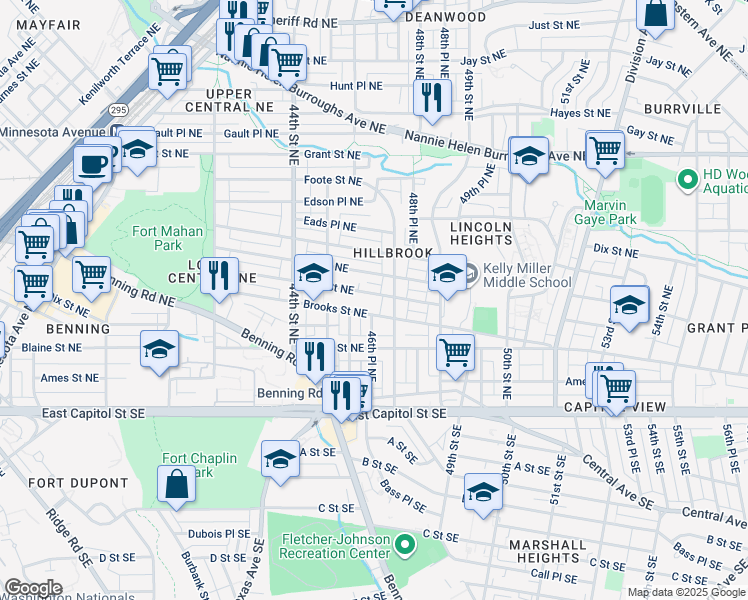 map of restaurants, bars, coffee shops, grocery stores, and more near 4621 Clay Street Northeast in Washington