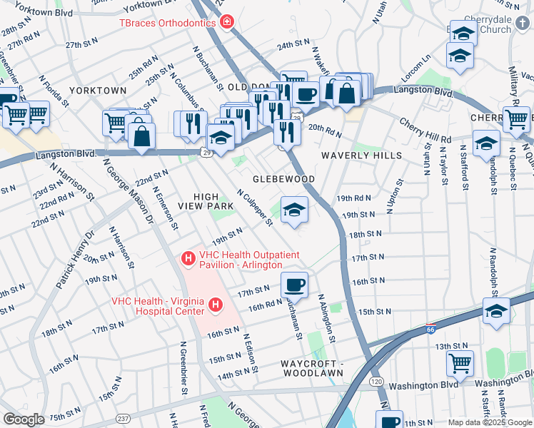 map of restaurants, bars, coffee shops, grocery stores, and more near 1901 North Culpeper Street in Arlington