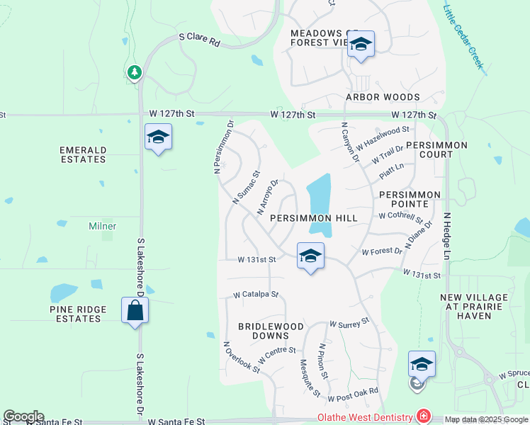 map of restaurants, bars, coffee shops, grocery stores, and more near 814 North Arroyo Drive in Olathe