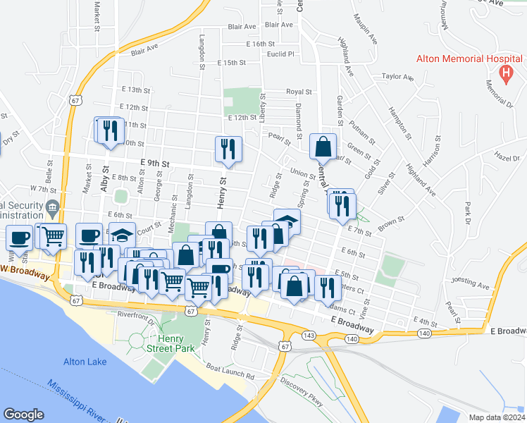 map of restaurants, bars, coffee shops, grocery stores, and more near 728 Humboldt Court in Alton