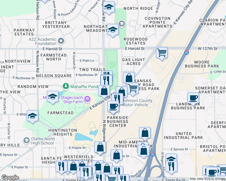 map of restaurants, bars, coffee shops, grocery stores, and more near 1316 East Kansas City Road in Olathe