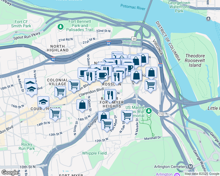 map of restaurants, bars, coffee shops, grocery stores, and more near 1530 Clarendon Boulevard in Arlington