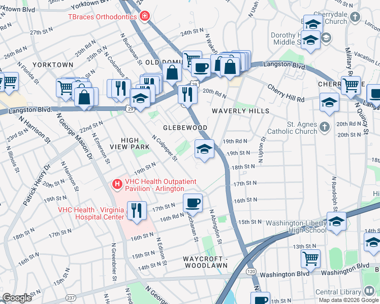 map of restaurants, bars, coffee shops, grocery stores, and more near 4741 20th Street North in Arlington