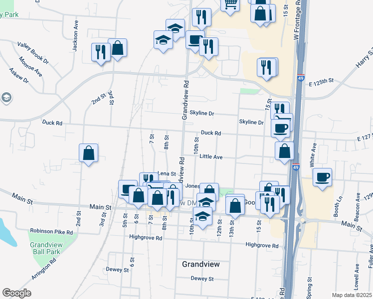 map of restaurants, bars, coffee shops, grocery stores, and more near 12711 Grandview Road in Grandview