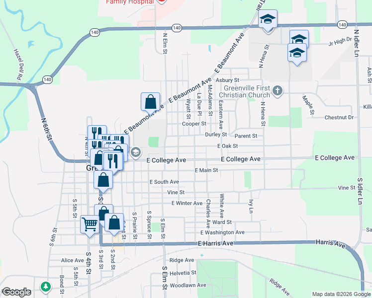 map of restaurants, bars, coffee shops, grocery stores, and more near 516 East Oak Street in Greenville