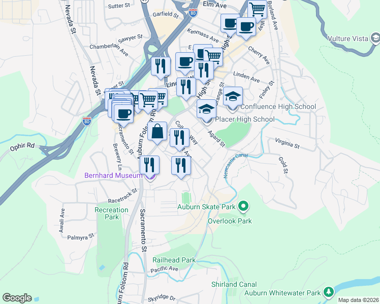map of restaurants, bars, coffee shops, grocery stores, and more near 163 Pleasant Avenue in Auburn
