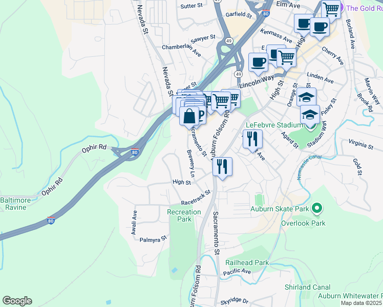 map of restaurants, bars, coffee shops, grocery stores, and more near 138 Brewery Lane in Auburn