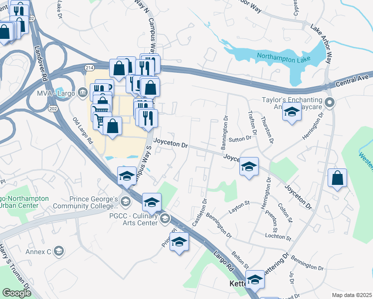 map of restaurants, bars, coffee shops, grocery stores, and more near 101 Joyceton Terrace in Upper Marlboro