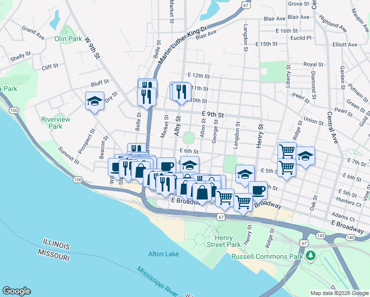 map of restaurants, bars, coffee shops, grocery stores, and more near 122 East 6th Street in Alton