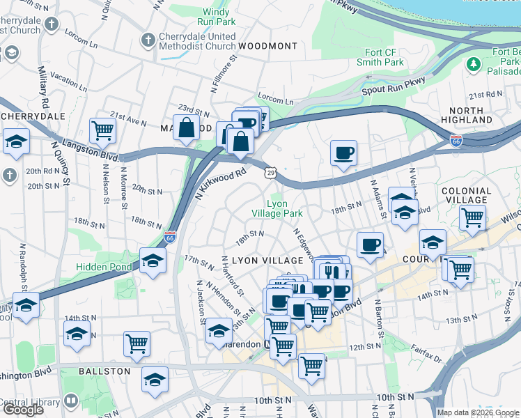 map of restaurants, bars, coffee shops, grocery stores, and more near 1908 North Harvard Street in Arlington