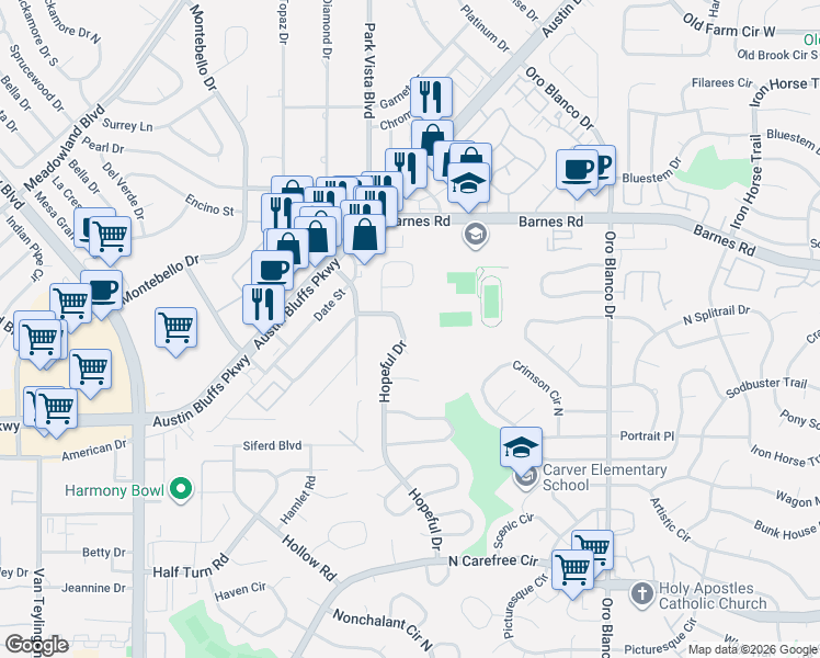 map of restaurants, bars, coffee shops, grocery stores, and more near 4275 Hopeful Drive in Colorado Springs