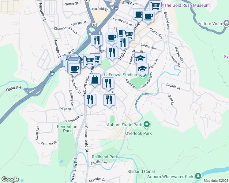 map of restaurants, bars, coffee shops, grocery stores, and more near 163 Pleasant Avenue in Auburn