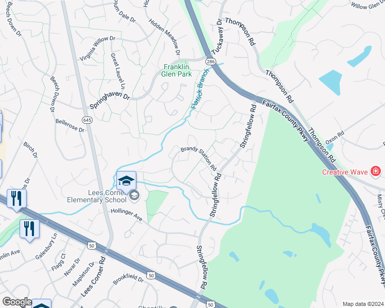 map of restaurants, bars, coffee shops, grocery stores, and more near 13307 Burkitts Road in Fairfax