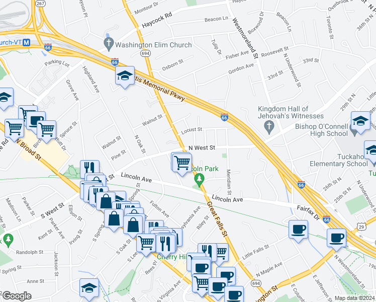 map of restaurants, bars, coffee shops, grocery stores, and more near 540 Great Falls Street in Falls Church