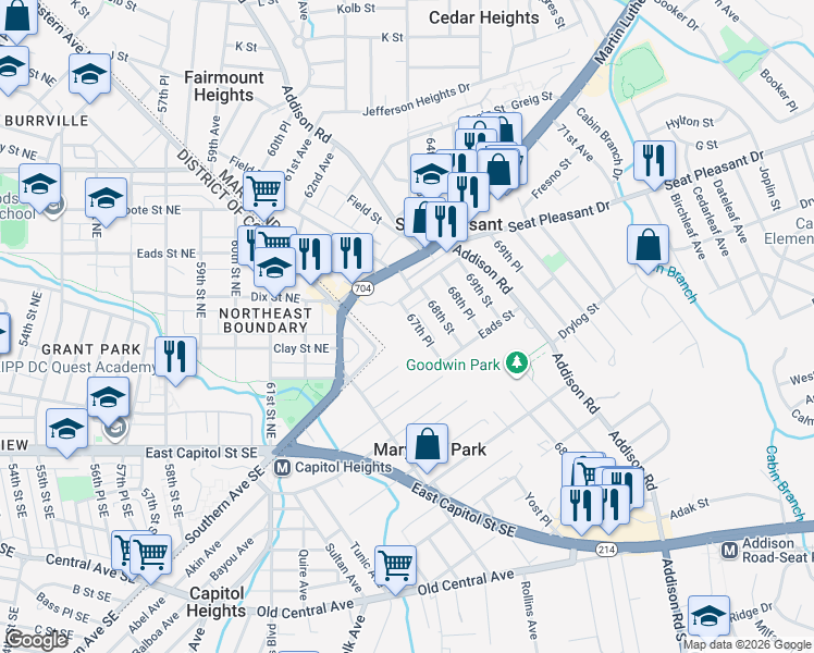 map of restaurants, bars, coffee shops, grocery stores, and more near 510 67th Place in Capitol Heights