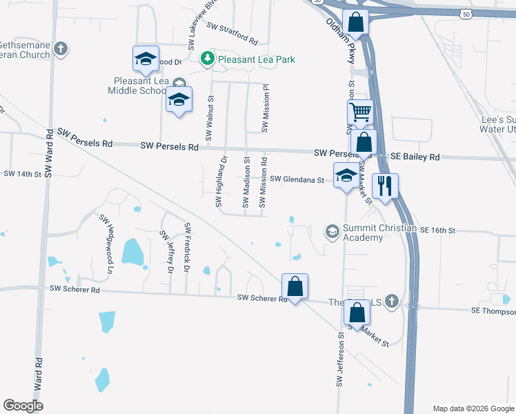 map of restaurants, bars, coffee shops, grocery stores, and more near 1444 Southwest Mission Road in Lee's Summit