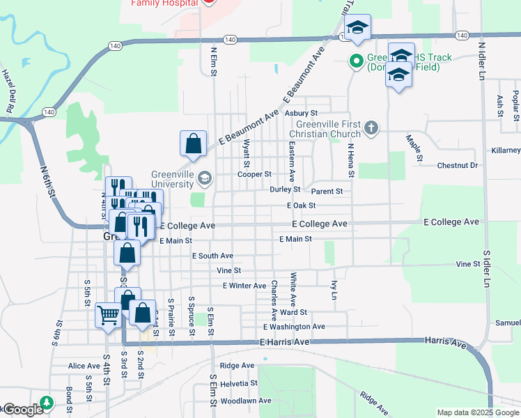 map of restaurants, bars, coffee shops, grocery stores, and more near 618 East Oak Street in Greenville