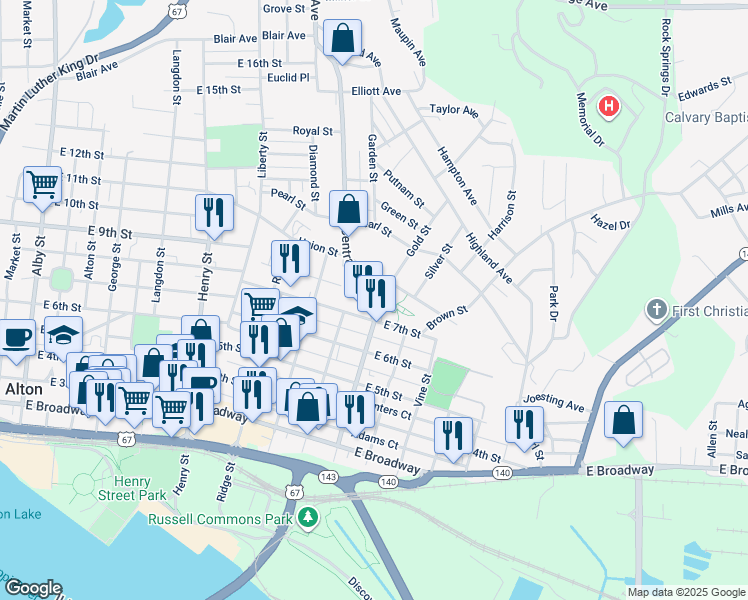 map of restaurants, bars, coffee shops, grocery stores, and more near 715 Central Avenue in Alton