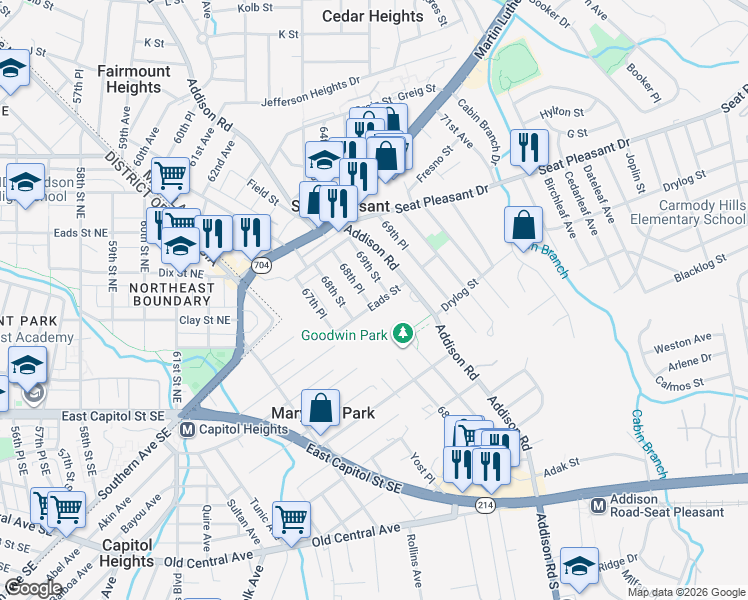 map of restaurants, bars, coffee shops, grocery stores, and more near 6814 Eads Street in Capitol Heights