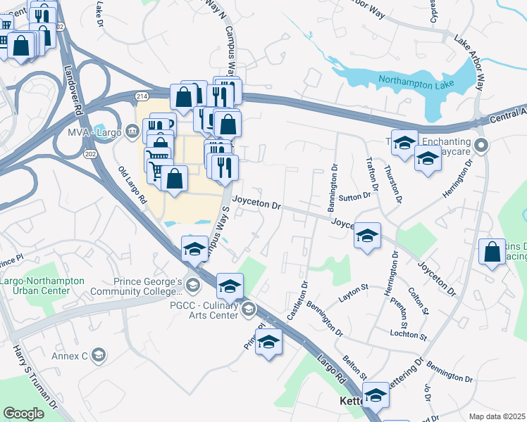 map of restaurants, bars, coffee shops, grocery stores, and more near 10707 Joyceton Drive in Upper Marlboro