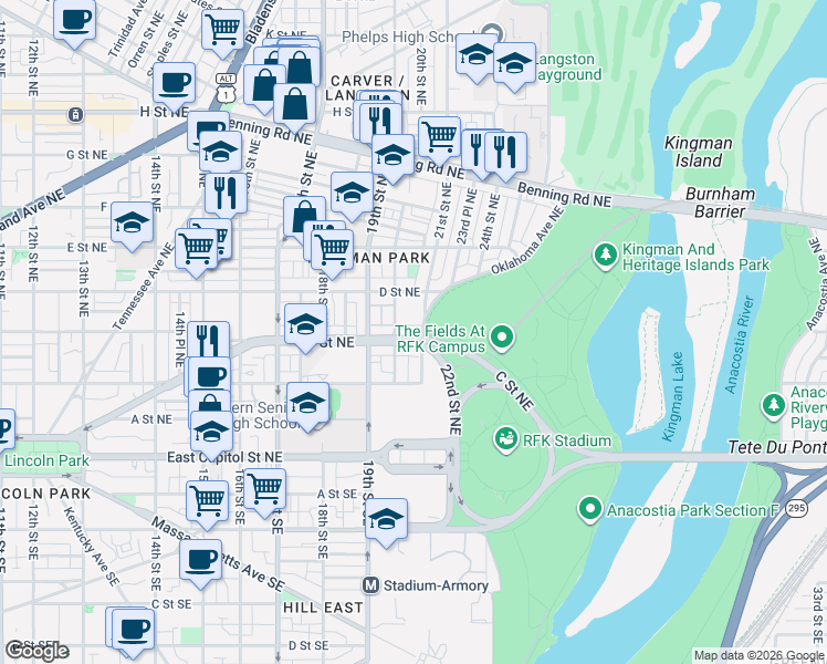 map of restaurants, bars, coffee shops, grocery stores, and more near 2022 C Street Northeast in Washington