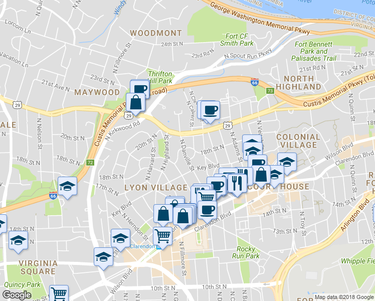 map of restaurants, bars, coffee shops, grocery stores, and more near 1733 North Danville Street in Arlington