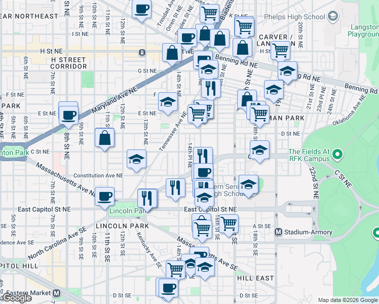 map of restaurants, bars, coffee shops, grocery stores, and more near C Street Northeast & 14th Place Northeast in Washington