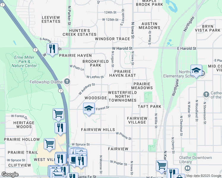 map of restaurants, bars, coffee shops, grocery stores, and more near 908 North Clinton Street in Olathe