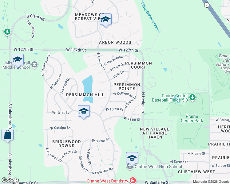 map of restaurants, bars, coffee shops, grocery stores, and more near 2308 West Cothrell Street in Olathe
