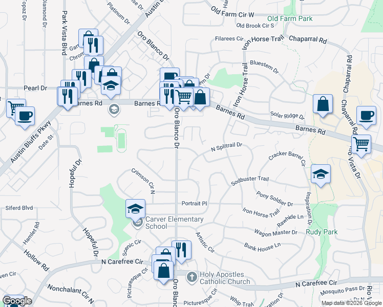 map of restaurants, bars, coffee shops, grocery stores, and more near 4855 North Splendid Circle in Colorado Springs