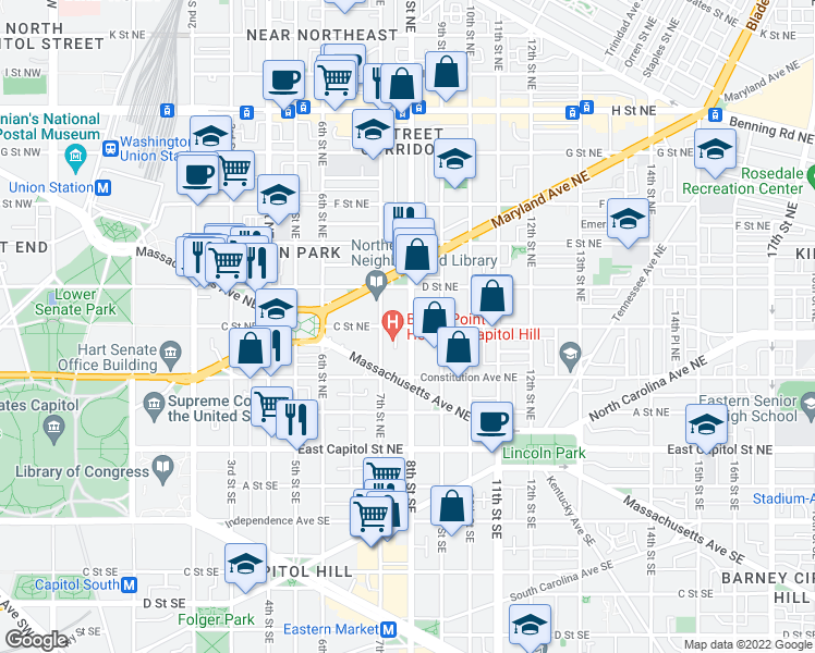 map of restaurants, bars, coffee shops, grocery stores, and more near 101 Independence Avenue Southeast in Washington