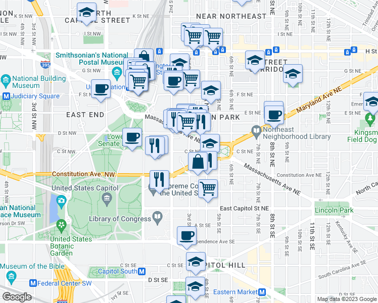 map of restaurants, bars, coffee shops, grocery stores, and more near C Street Northeast & 3rd Street Northeast in Washington