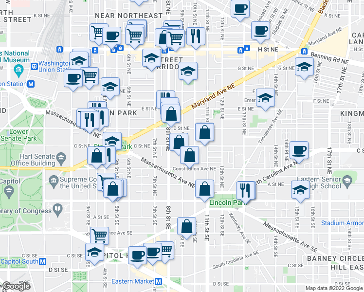 map of restaurants, bars, coffee shops, grocery stores, and more near C Street Northeast & 9th Street Northeast in Washington