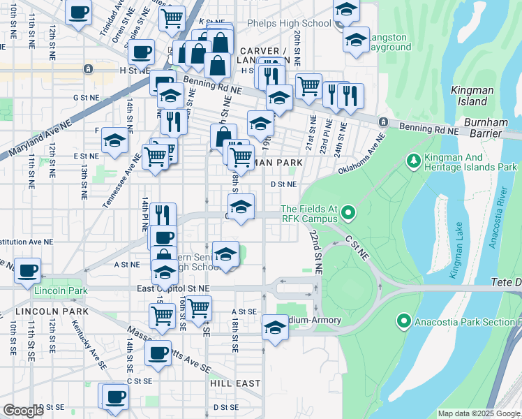 map of restaurants, bars, coffee shops, grocery stores, and more near 302 19th Street Northeast in Washington
