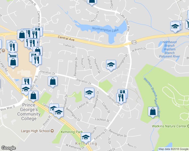 map of restaurants, bars, coffee shops, grocery stores, and more near 11000 Trafton Drive in Upper Marlboro