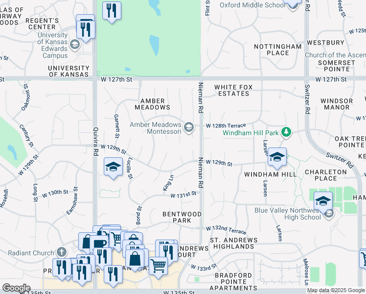 map of restaurants, bars, coffee shops, grocery stores, and more near 12845 King Street in Overland Park