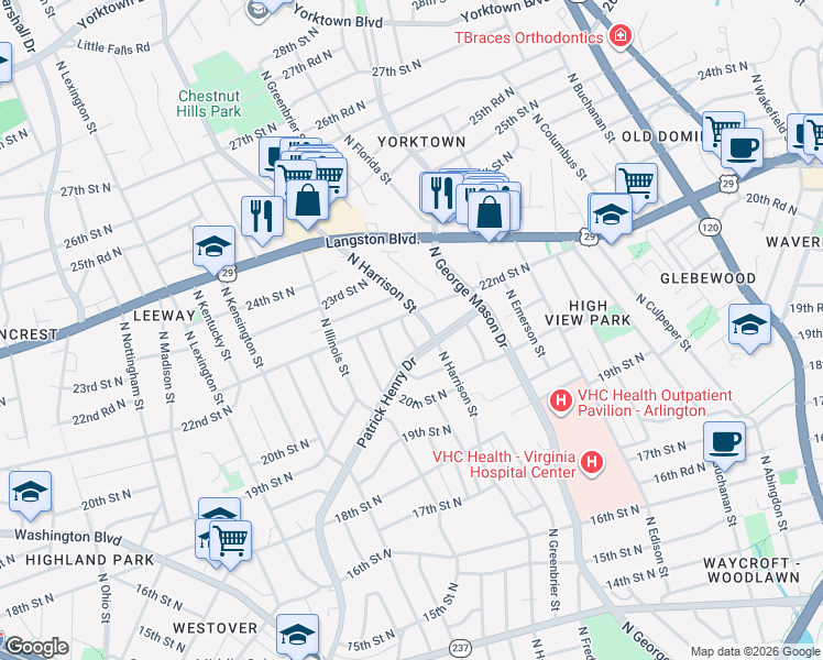 map of restaurants, bars, coffee shops, grocery stores, and more near 2127 North Hollister Street in Arlington