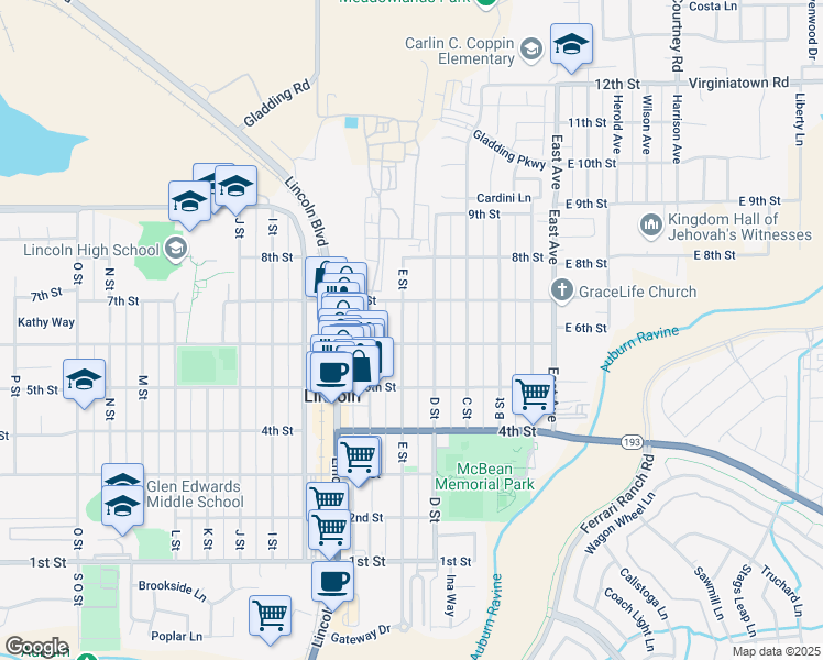 map of restaurants, bars, coffee shops, grocery stores, and more near 631 E Street in Lincoln