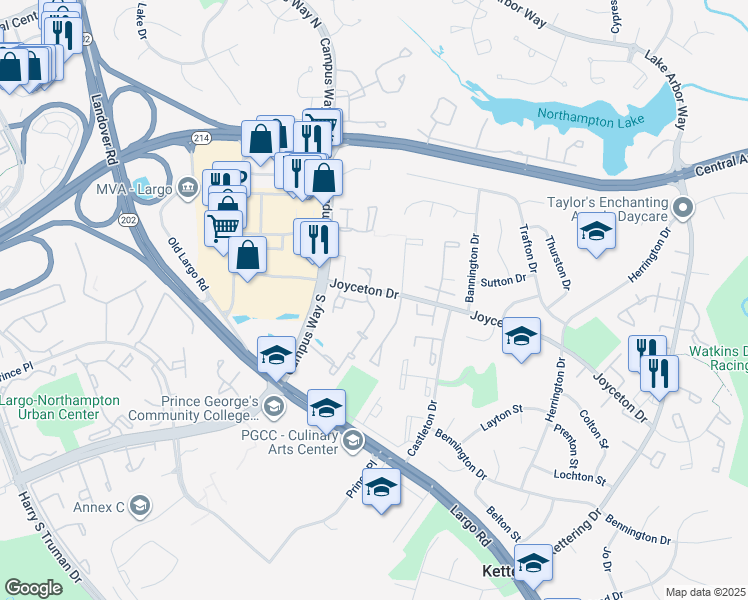 map of restaurants, bars, coffee shops, grocery stores, and more near 10707 Joyceton Drive in Upper Marlboro