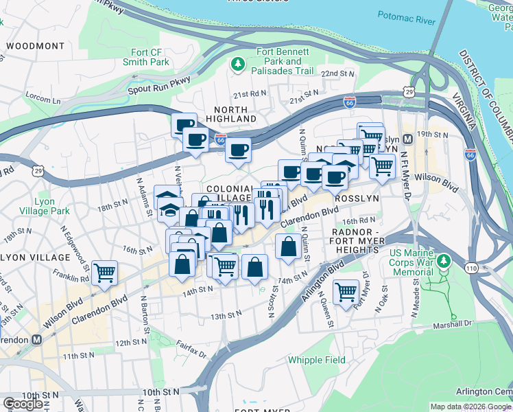 map of restaurants, bars, coffee shops, grocery stores, and more near 1742 North Rhodes Street in Arlington